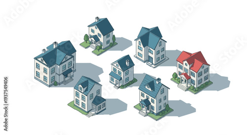 A collection of charming, stylized houses arranged in a circular pattern on a white background, showcasing diverse architectural designs.