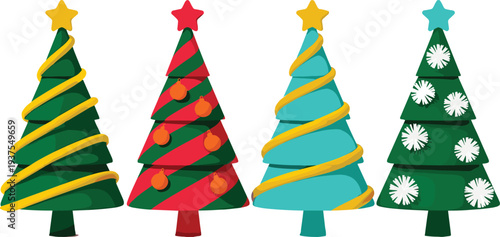 Colorful Christmas tree set with ornaments and star toppers, festive holiday vector illustration isolated on white background for winter decoration and greeting card design