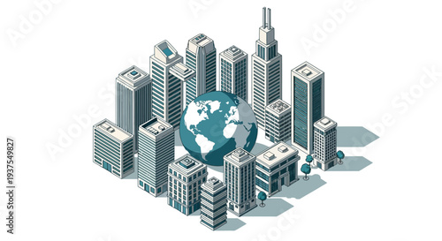 A cluster of modern skyscrapers and office buildings encircles a detailed 3D globe, symbolizing global business and urban development.