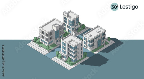 Isometric illustration of modern office buildings arranged around a central courtyard with lush greenery and water features.