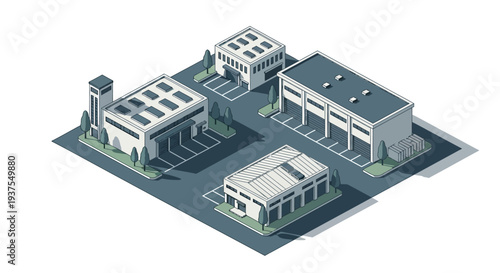 Isometric illustration of a modern industrial park with multiple warehouses and office buildings.