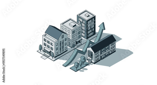 Isometric illustration of buildings with an upward trending arrow symbolizing growth and development in real estate or urban planning.