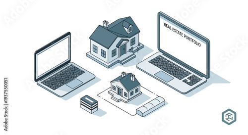 Isometric illustration of real estate investment and portfolio management with laptops and houses.