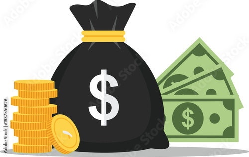 Black money bag with dollar sign next to stacks of gold coins and green paper banknotes vector illustration