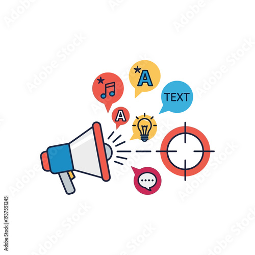 Megaphone with colorful speech bubbles.