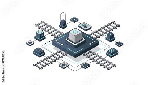 Isometric illustration of a central computer chip surrounded by various electronic components and railroad tracks.