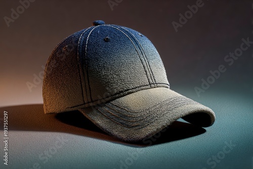 A fabric cap with a distinct blue-to-grey ombre effect and visible seams placed on a dark subtly textured ground