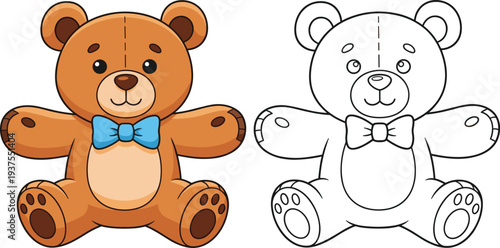 Cute brown teddy bear with blue bowtie next to a black and white outline version for coloring book