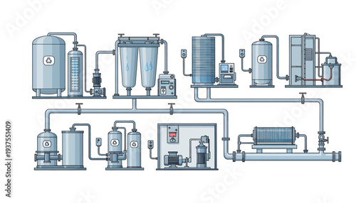 Industrial Process Diagram with Tanks and Pipelines.