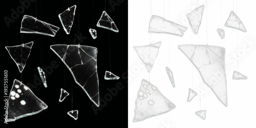 Schilderij op canvas Transparent glass shards floating isolated on black background, shattered glass