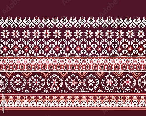 Traditional nordic pattern with geometric shapes and maroon color scheme