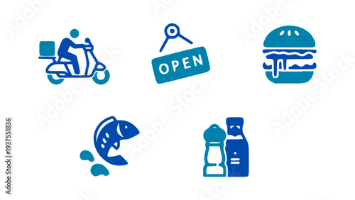 Food delivery icons featuring scooter courier, open sign, burger, fish, and beverage bottle.