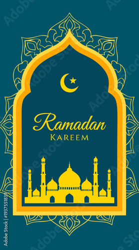 Ramadan Kareem Greeting Card, Editable Social Media Template with Glowing Mosque Illustration