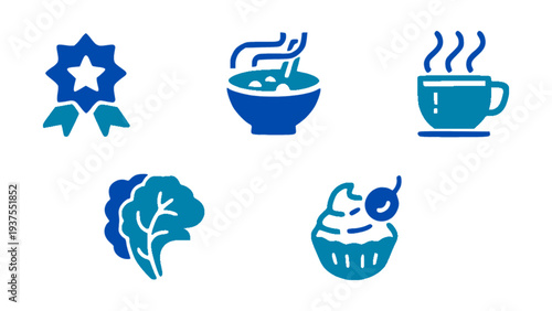 Food icons including soup bowl, coffee cup, vegetables, dessert, and healthy meal elements.