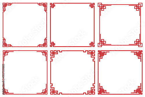 赤い中国伝統文様のコーナー装飾フレームセット（中華風スクエア飾り枠6種・春節／旧正月／イベントデザイン向け背景素材）