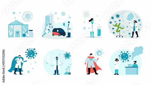 Illustrations depicting medical research virus spread and frontline healthcare workers