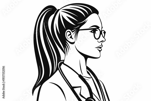 Stylized illustration of a woman with glasses and a high ponytail