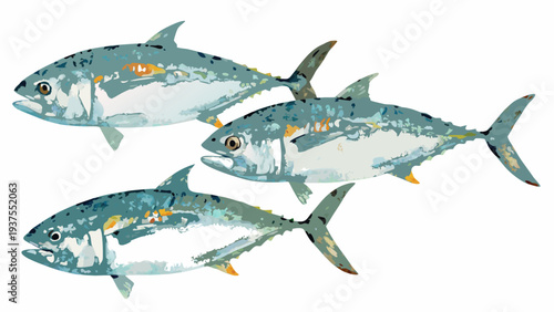 Stylized illustration of three tuna swimming in a simple composition