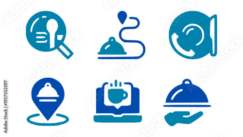 Food service icons featuring search menu, cloche tray, food location, and restaurant order service.
