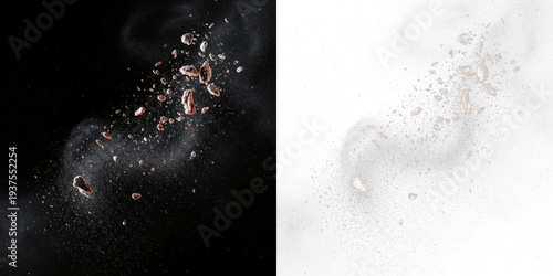 Foto Floating ash particles isolated on black background, burnt ash dust drifting in
