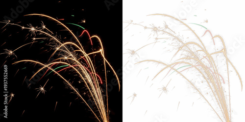 Foto Firework spark trails isolated on black background, sparkling firework streaks,
