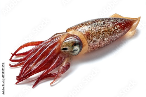 A fresh squid with reddish-brown speckles and tentacles on a white surface showcasing its elongated body and distinct head