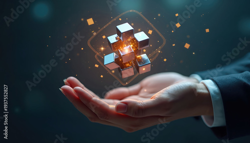 Hands hold floating cubes forming abstract structure. Digital particles surround geometric shapes. Concept of ideas and innovation in business.