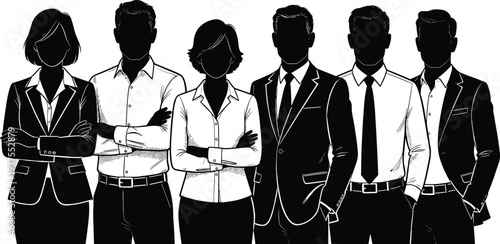 Confident business team silhouettes standing together, professional corporate group in formal attire, black and white vector illustration symbolizing leadership, teamwork, unity, and success