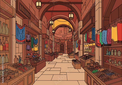 Ancient Bazaar Scene With Stalls Displaying Colorful Textiles And Goods Under Archways And Lanterns