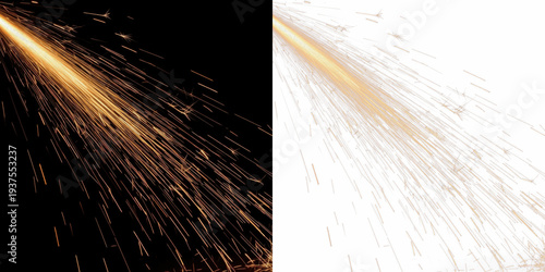 Shiny metallic spark shower isolated on black background, glowing metal sparks cascade, sparkling glitter particles, metallic spark burst effect for festive, celebration, and abstract visuals