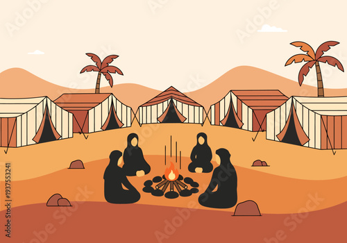 Desert Lifestyle Gathering Around Campfire With Tents Palms And Sand Dunes In Background