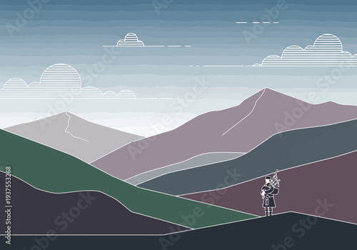 Lone traveler surveys vast mountain landscape under a gradient sky with rolling hills and distant peaks