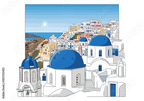 Charming Village Scenery With White Buildings And Blue Domed Churches Overlooking The Sea Under A Clear Sky