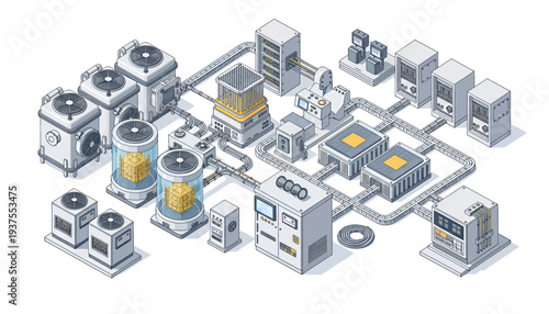 Isometric illustration of an industrial manufacturing process with various machinery and equipment.