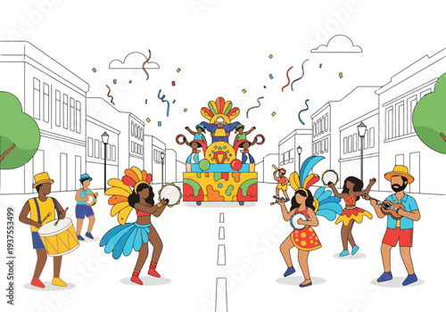 Diverse group of people in colorful costumes celebrating with music and dance on a city street during a festive parade with a decorated float and