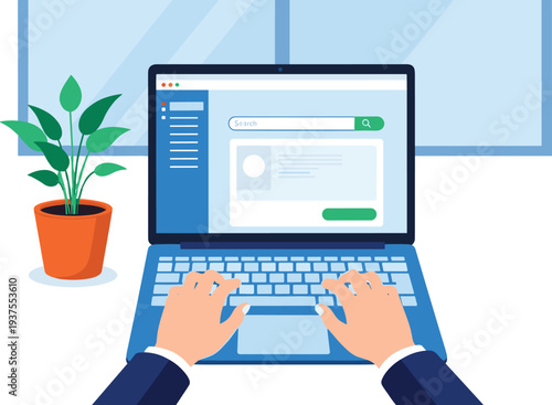 Top view of hands typing on laptop at desk with potted plant for remote work and digital nomad concept