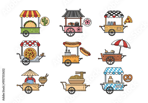 Collection of Diverse Street Food Carts Offering Various Delicious Treats From Around the World And Local Delicacies For Sale