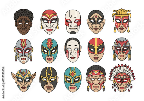 Diverse Collection Of Stylized Face Coverings And Masks From Various Cultures And Traditions Isolated On White Background
