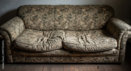 Aged upholstered settee displays heavy use marks and floral pattern under dim lighting