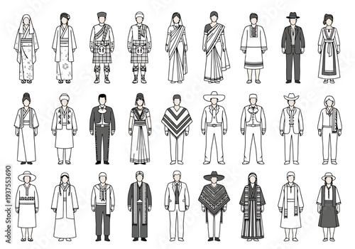 Diverse Collection Of People Poses Wearing Different Traditional Attire From Around The World In Outline Style For Global Cultural Representation