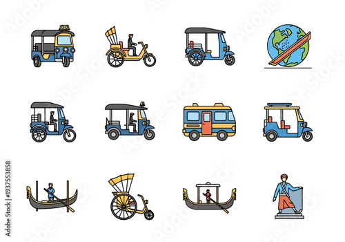 Collection of diverse transportation icons including tuk tuks rickshaws gondolas and unique travel symbols on a clean background representing global