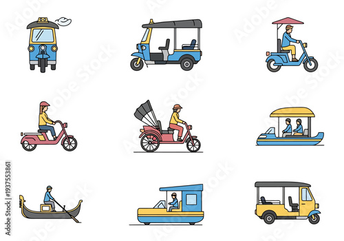 Collection of International Small Passenger Transportation Vehicles Icons Representing Diverse Travel Modes