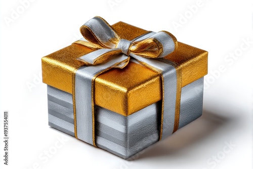 A gold and silver gift box with a textured surface adorned with a matching two-tone ribbon tied in a bow on a clean white background