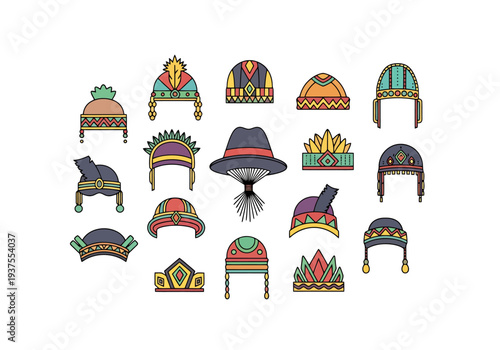 Collection of Diverse Headwear Designs Featuring Traditional Cultural Head coverings and Modern Styles Representing Global Fashion and Identity