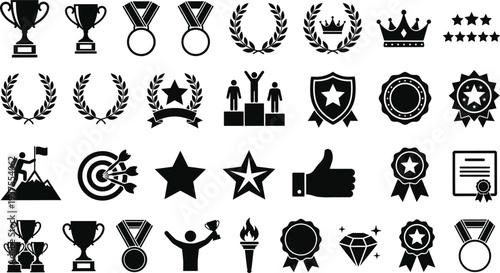 Victory and award icons, trophy, medal, laurel wreath, success symbols, achievement black silhouette elements, winner prize and competition badges.