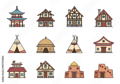 Collection Of Diverse Traditional Dwelling Architectural Styles From Around The World Representing Different Cultures And Eras