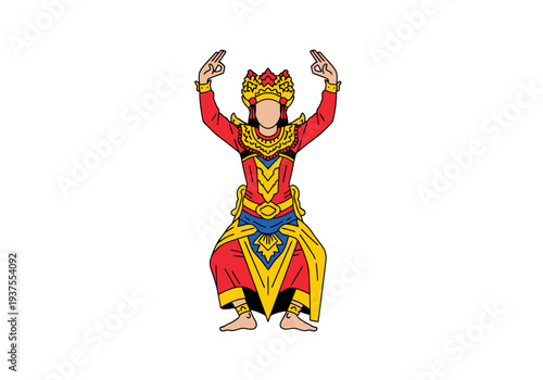 Traditional Asian Performer In Elaborate Costume With Ornate Headwear Gesturing With Hands Raised In Performance Art Pose Isolated On White
