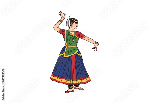 Indian Woman Performing Traditional Dance In Colorful Costume With Detailed Hand Gestures And Elegant Pose Isolated On White Background