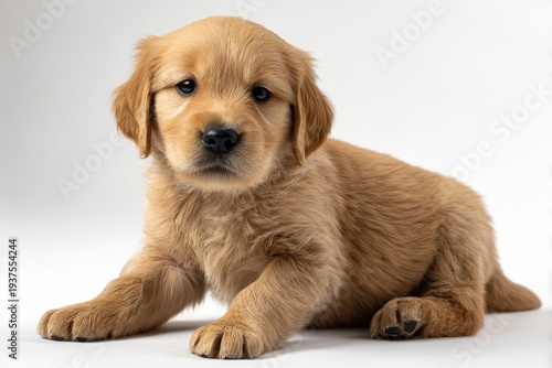 A golden retriever puppy lies on a white surface looking directly ahead