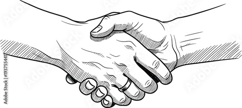 Professional business handshake vector illustration in hand drawn line art style for partnership agreement and successful collaboration concept